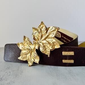 Vintage Leather Belt Statement Leaf Bow Buckle Adjustable Waist Sz S Made in USA